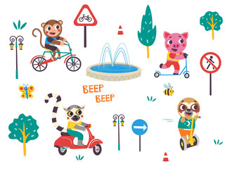 Funny kids transport set with animals and road signs. Bicycle, motorbike, scooter, self-balancing scooter cartoon vector illustration isolated on white background