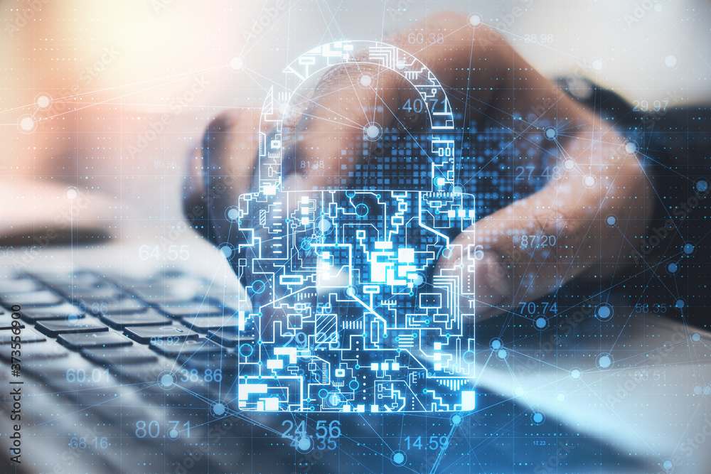 Poster businessman hands using laptop with glowing circuit padlock
