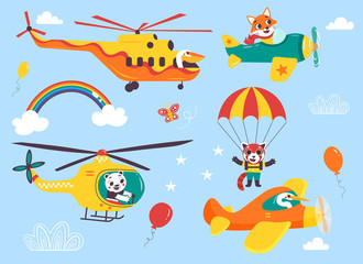 Funny kids air transport set with little animals. Helicopters, biplane, parachutist cartoon vector illustration isolated on blue background