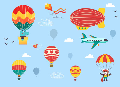 Funny kids air transport set with little animals. Hot air balloon, airship, airplane and parachutist cartoon vector illustration isolated on blue background