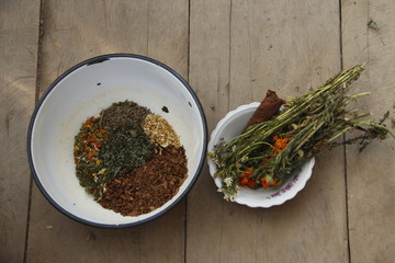 spices on a wooden board