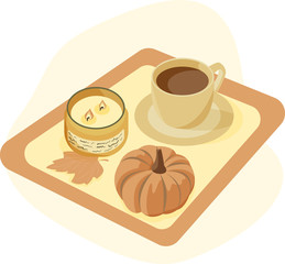 Cozy hygge style. Warm autumn mood. Leaf, candle with two lights, orange pumpkin and delicious coffee on a tray on a light background. Cute flat cartoon vector illustration. Fall vibes, home design.