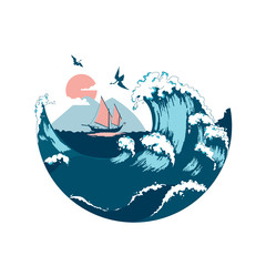 Junk floating on the sea waves. Hand drawn design element sailing ship. Vintage vector engraving illustration for poster, label, postmark.