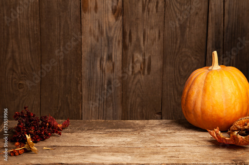 autumn pumpkins and dry berry on a wooden table, thanksgiving, halloween background mockup