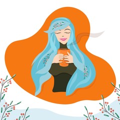 
Cute girl with blue hair holding a cup of hot drink. Vector decorative.