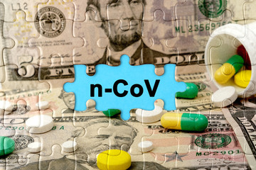 Double exposure. Puzzles depicting pills and dollars with the inscription - n-CoV