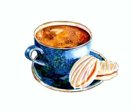 Blue coffee Cup with macarons, watercolor illustration on white background