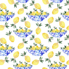 Seamless pattern with Watercolor Lemons on a plate in vintage style for fabrics, paper, textile, gift wrap isolated on white background 