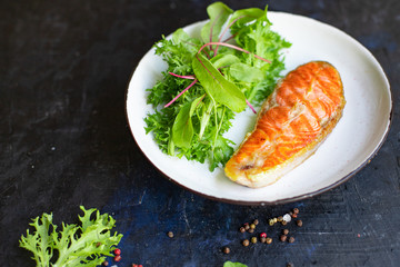 salmon steak fried fillet fish seafood natural ingredient second course eating top view copy space for text keto or paleo diet raw pescetarian
