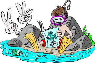Cartoon man wearing scuba mask and flippers reading a magazine vector illustration