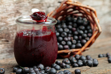 Homemade jam made from aronia berries and plums