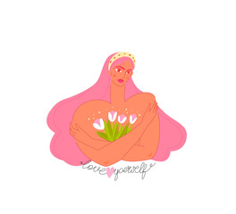  Love yourself. take care of yourself. body positive a girl with pink hair hugs herself, holds a bouquet of white flowers, tulips. inscription love yourself flat illustration illustration for web post