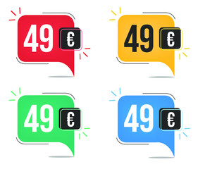 49 euro price. Yellow, red, blue and green currency tags with speech  balloon concept.