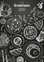 Breakfasts top view frame. Morning food menu design. Breakfast and brunches dishes collection. Vintage hand drawn sketch, vector illustration. Engraved style.