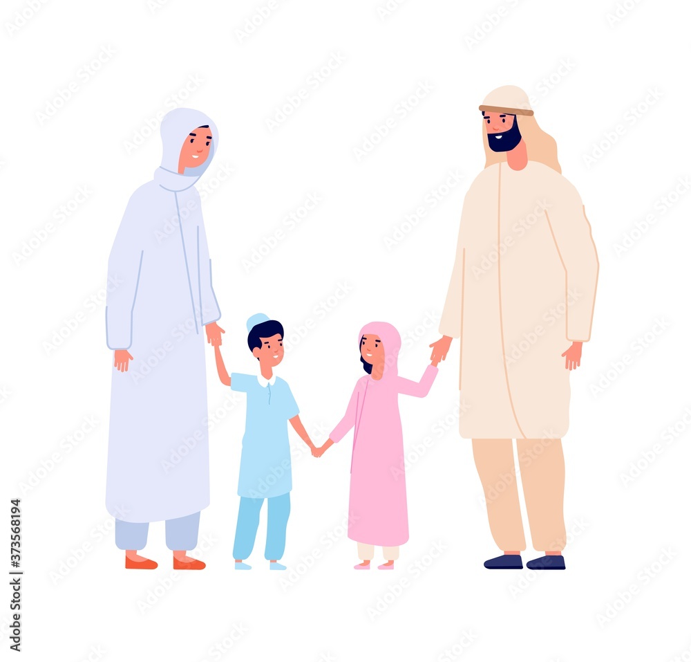 Wall mural muslim arabic family. arab kids, islam mother father children. cartoon boy and girl in hijab, isolat