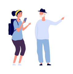 Individual trip. Man conduct excursion for single girl. Flat tourist with backpack ask road. Isolated woman talking with old man vector illustration. Woman tourist on excursion, man character