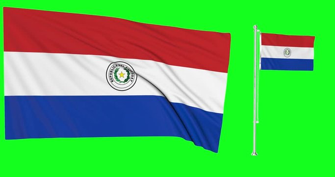 Green screen Paraguay two flags waving paraguayan flagpole animation 3d chroma key	