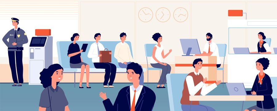 Bank Office Customers. Banking Interior, Woman Employee Talking With Young Businessman. Queue To Financial Consultation Vector Illustration. Bank Finance, Banking Payment Service