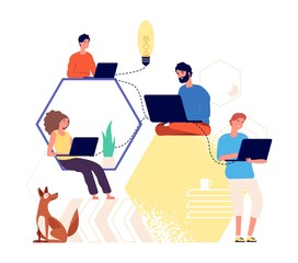 Team working. Creative people thinking, find idea. Brainstorming, startup or creating project together. Remote workers, freelancers doing one business work vector illustration. Team creative work