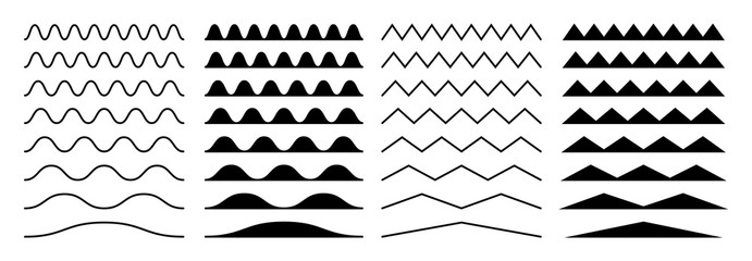 Zigzag borders. Jagged wavy decorations, serrate wave stripes. Isolated black squiggle headers or dividers, paper edge decorative footer vector set. Illustration curve line wave, horizontal, divider - obrazy, fototapety, plakaty