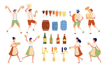 Brewery elements. Beverages bar, beer pub equipment. Isolated craft alcohol products and bottling. Oktoberfest people vector illustration. Alcohol product craft, production brewing lager