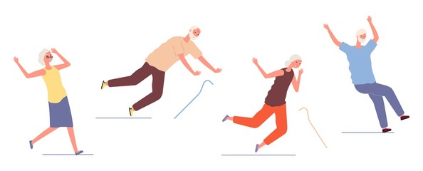 Falling elderly people. Old woman man stumble and slip. Dangerous trauma of seniors, healthcare and safety. Traumatic accident isolated characters vector illustration. Old elderly falling accident