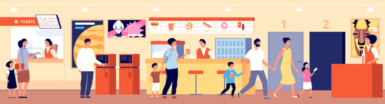 Cinema interior. Theater cafeteria, movie audience. People in waiting room buy tickets pop corn or snack in bar vector illustration. Cafeteria in cinema entertainment, auditorium and cinematography