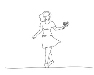 oman walking with flowers in hand. Continuous one line art