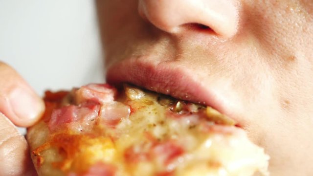 woman eat eating mouth close macro Pizza capricciosa cheese ham mushrooms