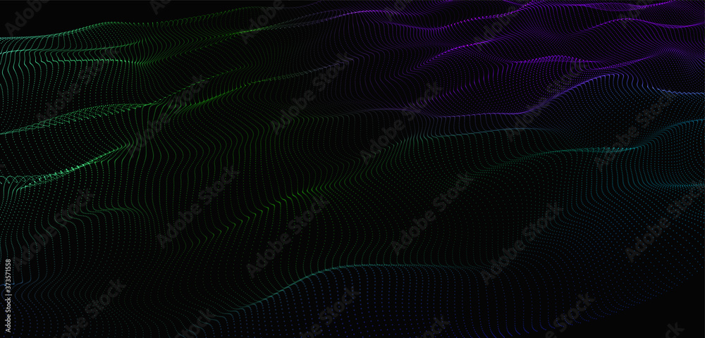 Poster Low poly shape with colorful dots on light background. Abstract polygonal dark space background . Dynamic particles wave. Big data visualization 3D. Digital black landscape.