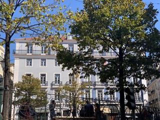 Square with typical beautiful blue building with azulejos, Lisbon center, campo de ourique, Portugal