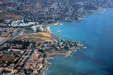 Aerial view of the coastal city of Benidorm Spain, beaches and large skyscrapers