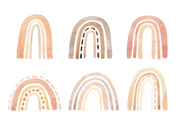 Set of simple modern rainbows in pastel colors. Cute watercolor hand-drawn illustration. Perfect for greeting cards, invitations, fabric, textile, nursery decor, prints, logo, patterns, covers.