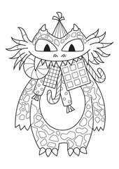 Doodle halloween coloring book page cute monster with sweets. Antistress for adults and children. Vector black and white illustrarion