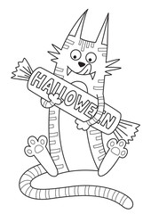 Doodle halloween coloring book page cute monster with candy. Antistress for adults and children. Vector black and white illustrarion
