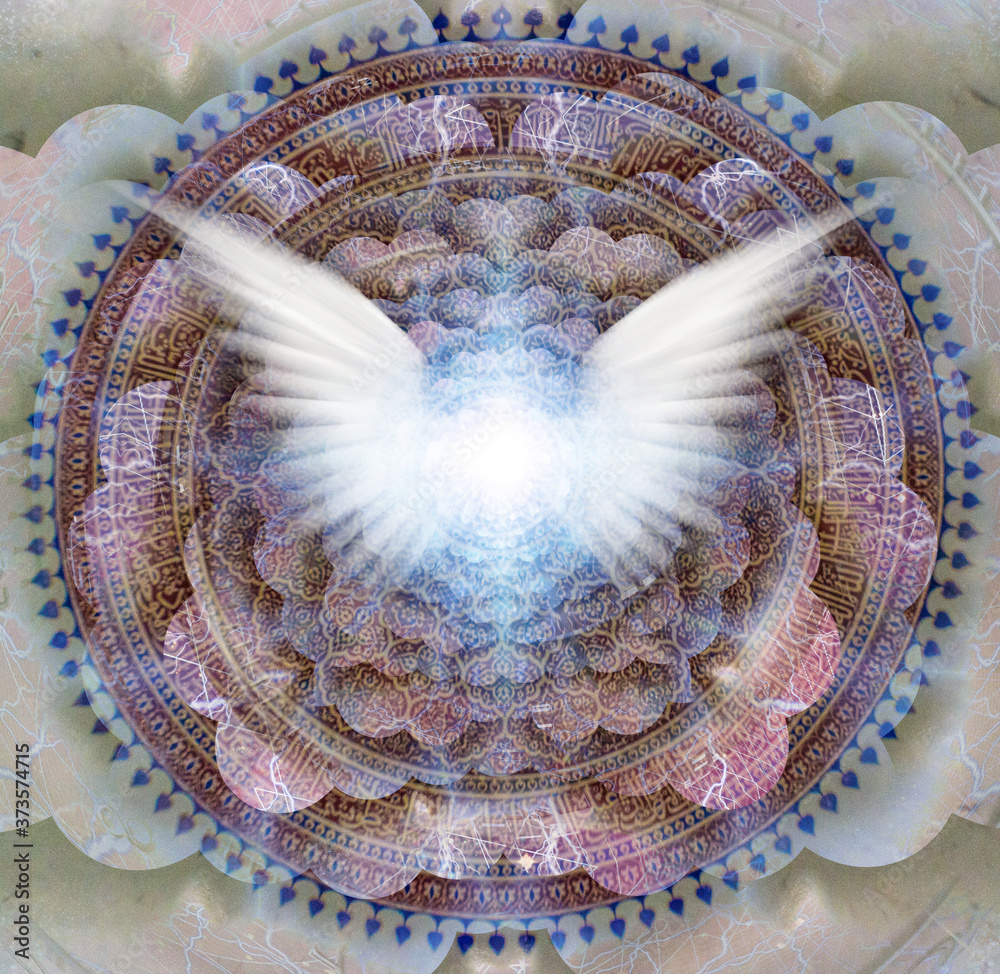 Wall mural shining wings in a center of indian mandala. multi-layered spaces representing endless dimensions. 3