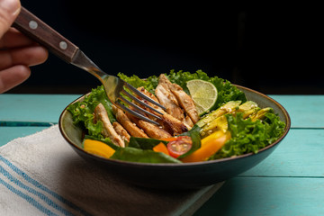 Grilled chicken salad with avocado and vegetables on turquoise background