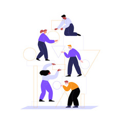 Flat illustration of five persons building something wih geometric figures. Different characters holding circles, triangles and rectangles standing on an abstract construction. 