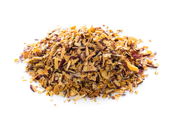 Dried Shallots Onion Flakes Dehydrated Spice Isolated on White Background. Selective focus.