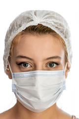 Coronavirus concept. Girl wearing a protective medical mask. Protect your health. Stop the virus and pandemic covid-19. White background.