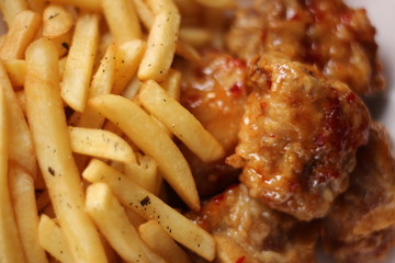 Sweet chilli pork with fries