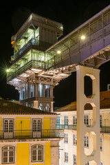 Night view from behind the Santa Justa lift, in the historic district of downtown Lisbon, Portugal