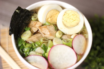 Pork ramen with eggs and radish