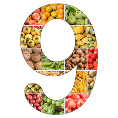 Number 9 with Fruit Background - White Background