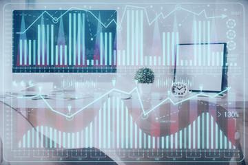 Multi exposure of stock market chart drawing and office interior background. Concept of financial...