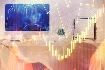 Multi exposure of stock market chart drawing and office interior background. Concept of financial analysis.