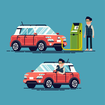 Cool flat vector illustration on modern urban energy efficiency and ecology environment friendly transport with modern urban electric vehicle owner recharges his car at charging station