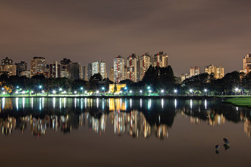 Paisagem urbana à noite com reflexo na água e pássaros em detalhe