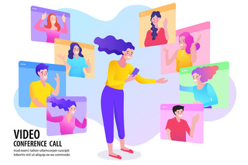 Video conference call and remote work concept. A woman hosts a virtual meeting, communicating online with a team of colleagues from different locations. For webinars, team collaboration, e-learning.