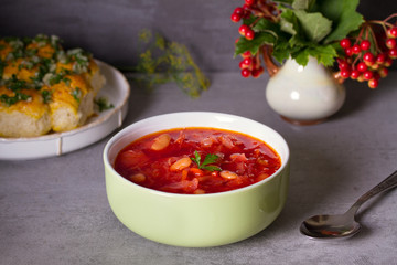 Soup made with vegetables, meat, bean and beet root: borsht, bortsch, borshch, borscht. Traditional dish in Ukraine, Russia, Poland